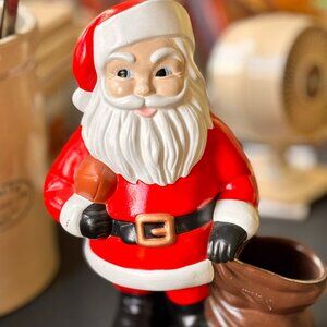 Santa Claus with Bag and Football Retro 1977 Hand Painted Ceramic VTG Christmas